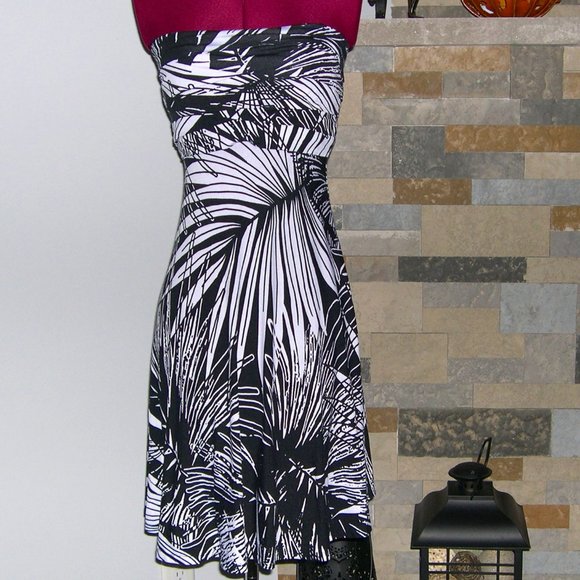 Cache S Black White Strapless Dress Leaf Pattern - Picture 1 of 6